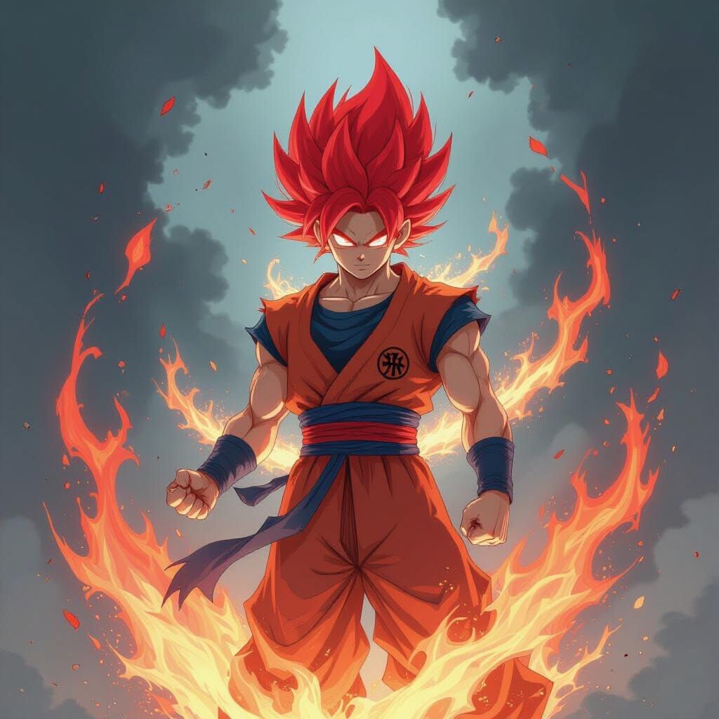 Super Saiyan God with Fiery Aura in Manga Style