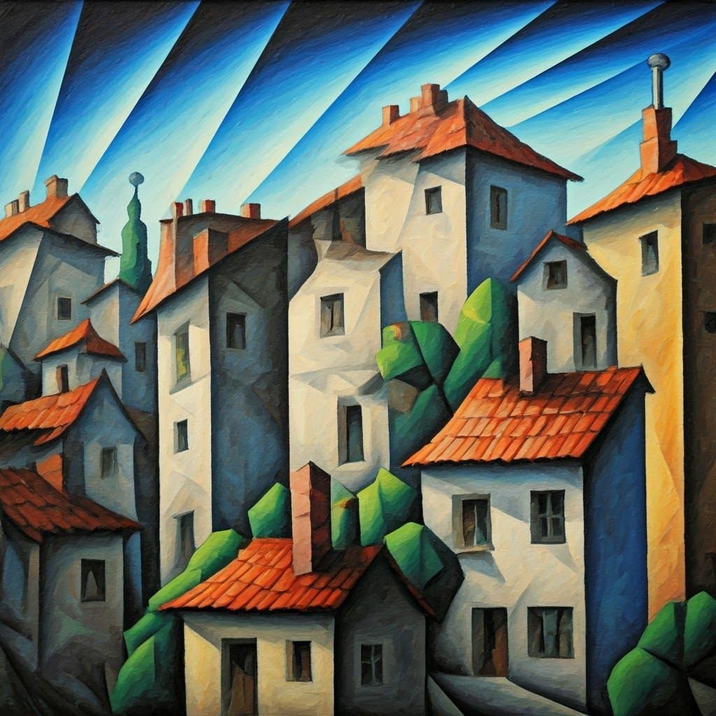 Cubist Cityscape in Vibrant Geometric Shapes