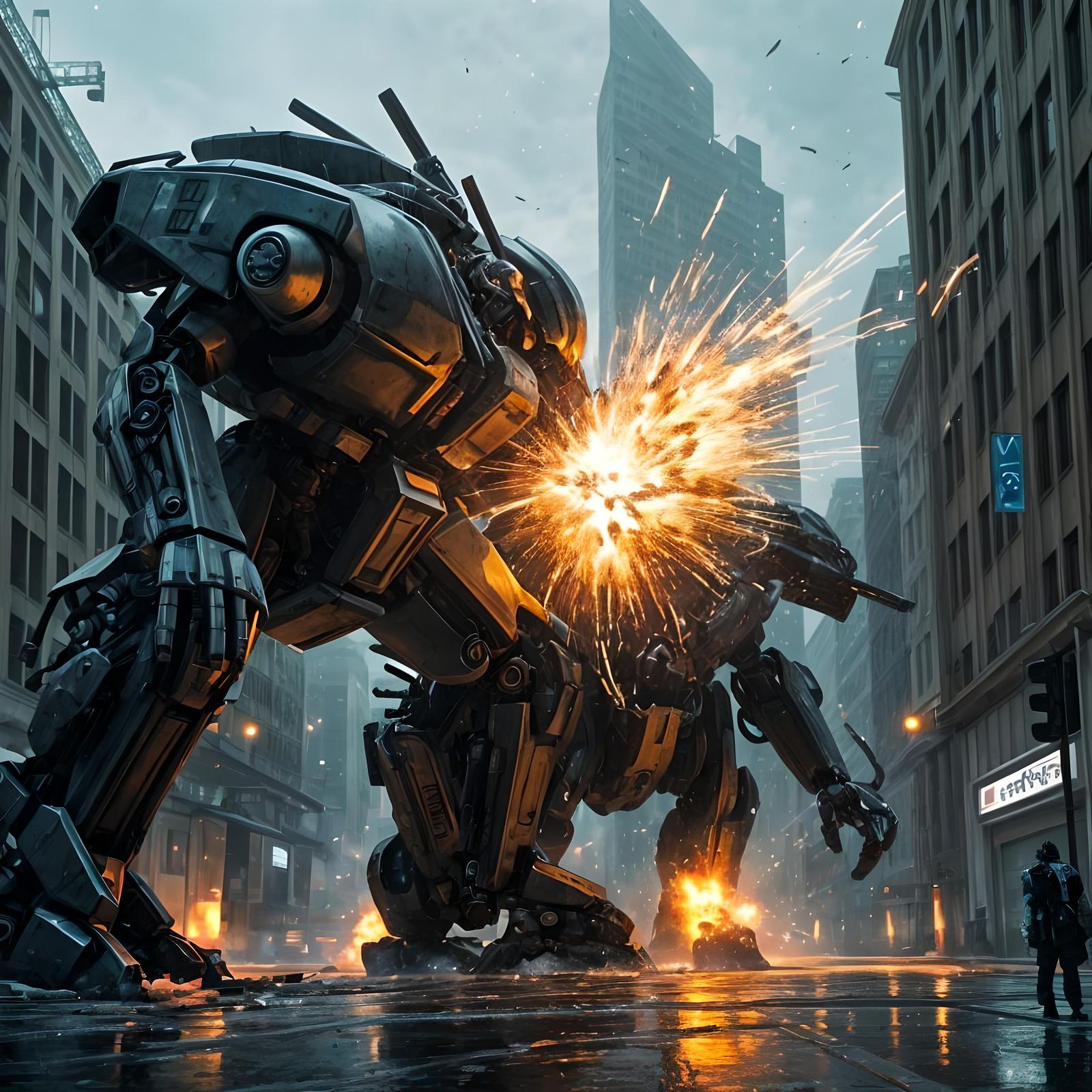 Epic Mecha Duel in Sci-Fi Cityscape
