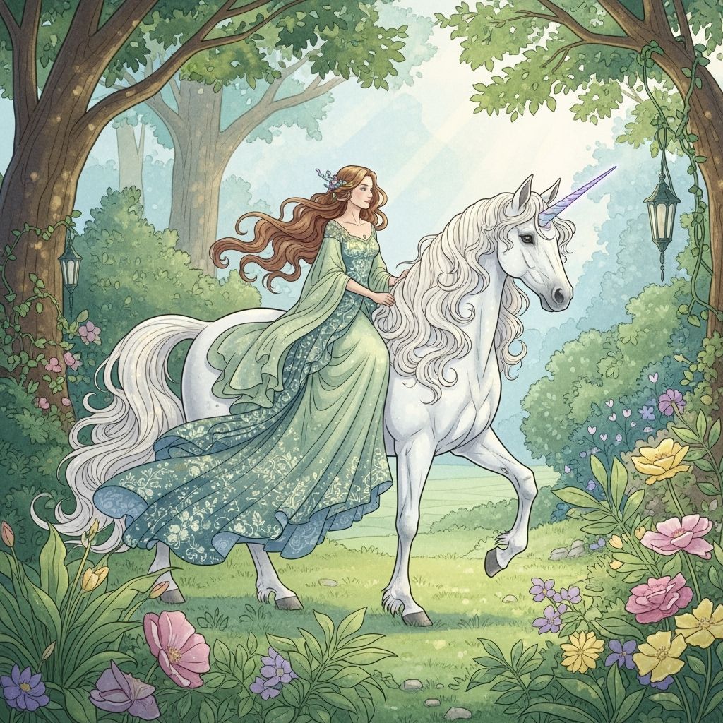 Woman Riding Unicorn in Lush Watercolor Garden