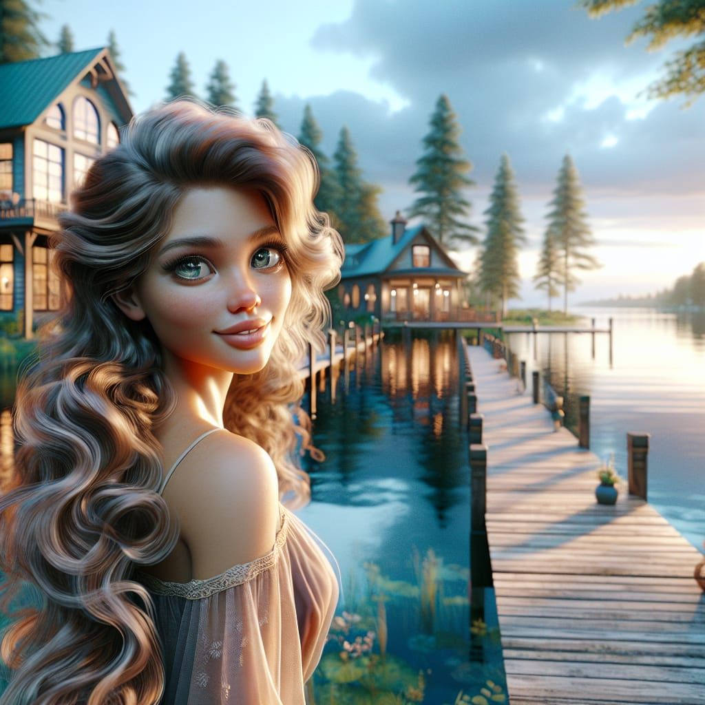 A Disney Pixar style 3D beautiful woman sitting at the end o...
