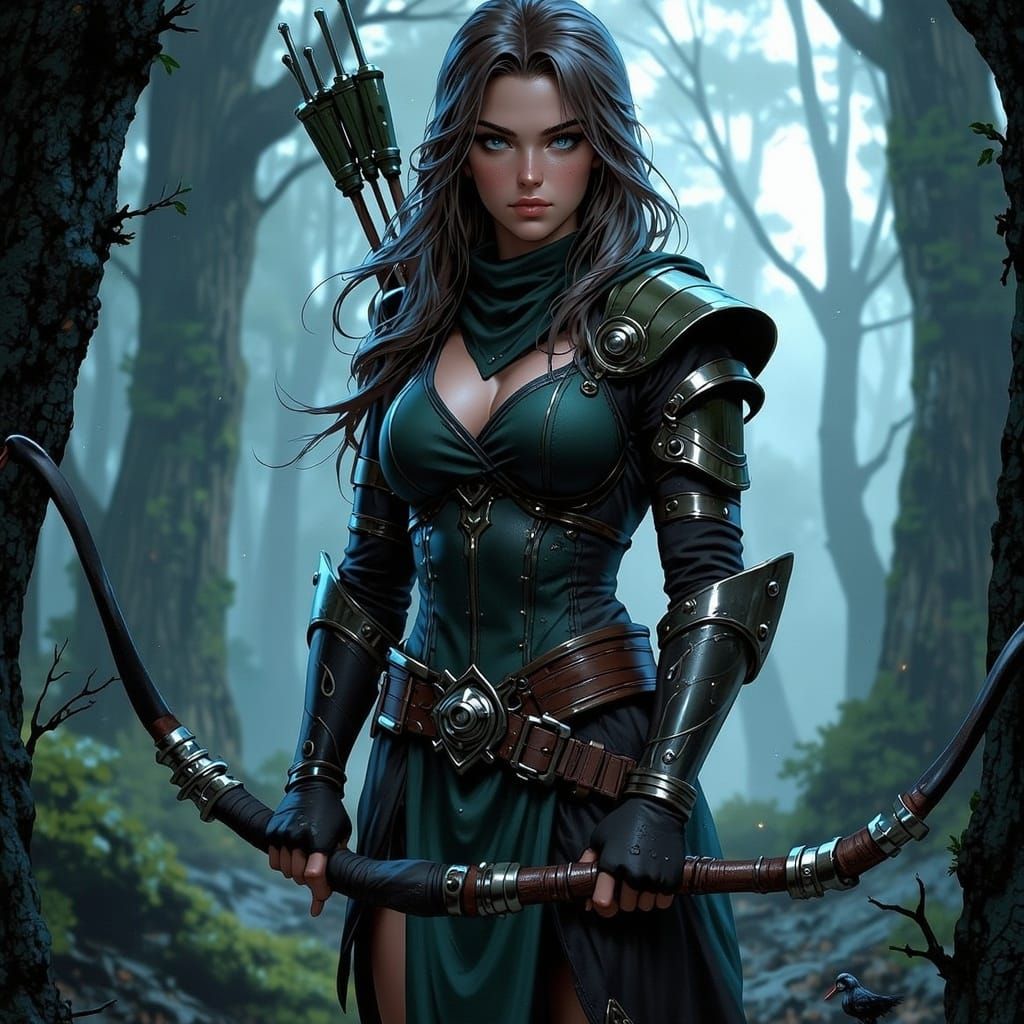 Archer Woman Vigilant in Fog-Laden Woods