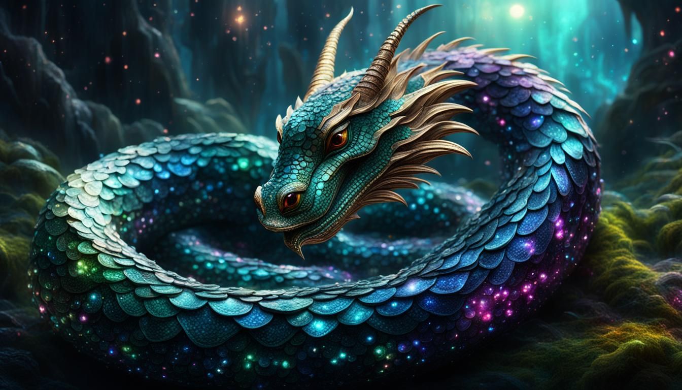 Iridescent Jeweled Serpent in a Galactic Digital Painting
