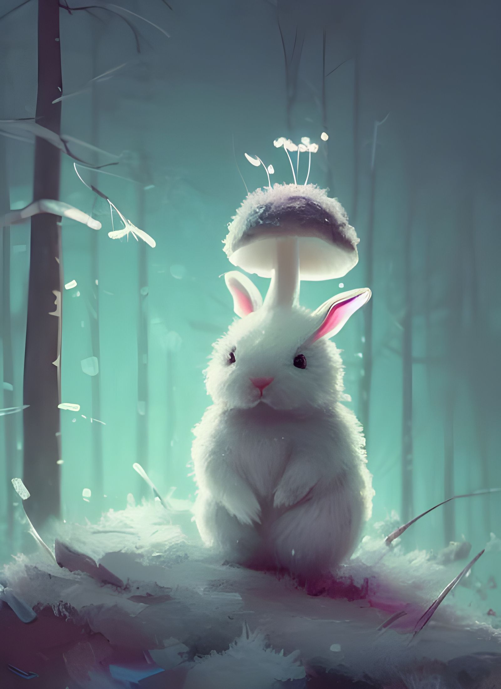 Bunny on Glowing Mushroom in Winter Forest