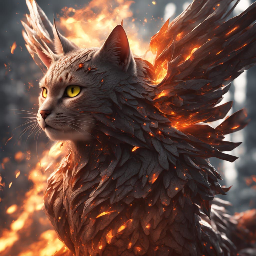 Surreal Fire Kitten in Whirling Flames, Vibrant Fantasy Art