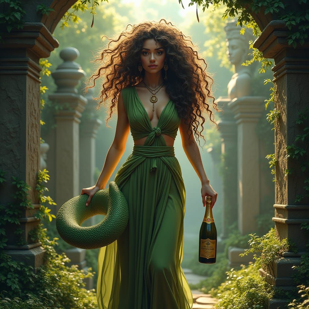 Enigmatic Woman Striding from Mystical Garden