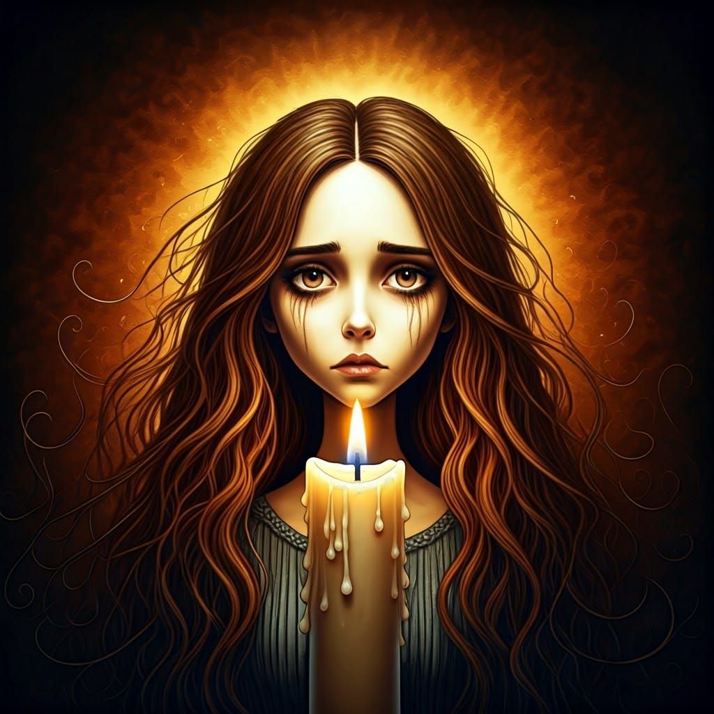Sad Lady in Candle Fire: Watercolour Illustration