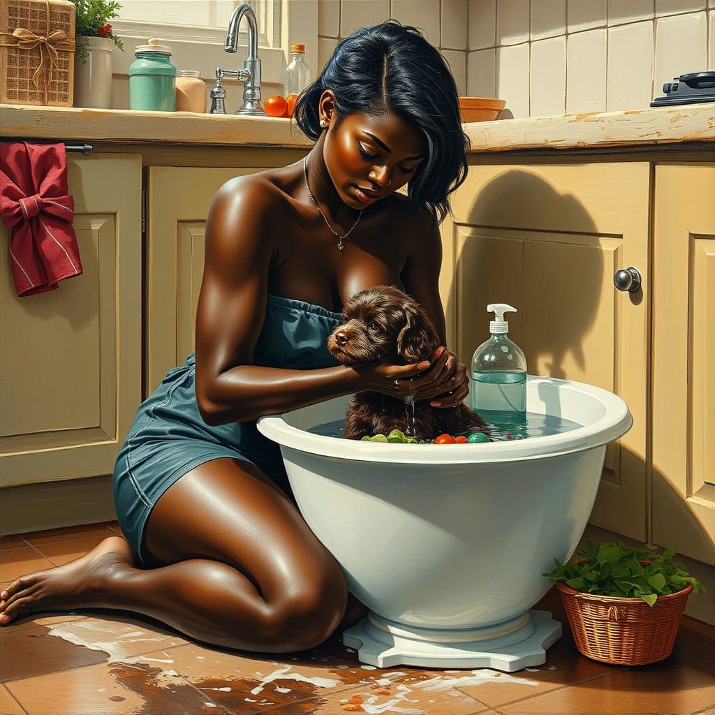 Ebony Woman Tenderly Washes Her Favourite Puppy in a Close-U...