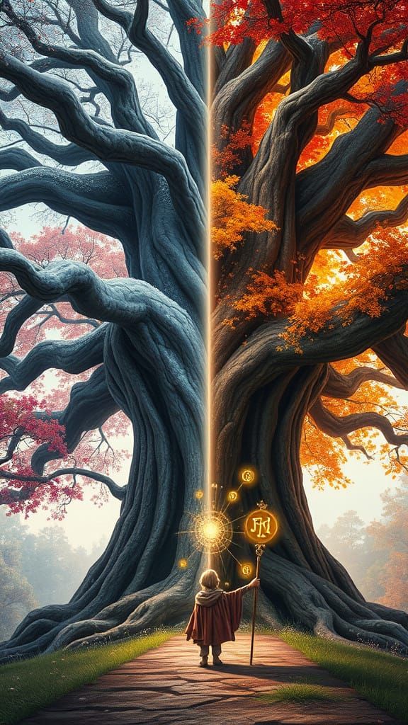 Majestic Tree of the Seasons, in a Fantastical, Cyberpunk St...