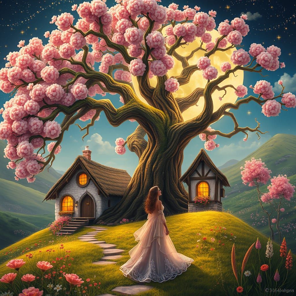 Whimsical Fairytale Cottage Under Ancient Tree