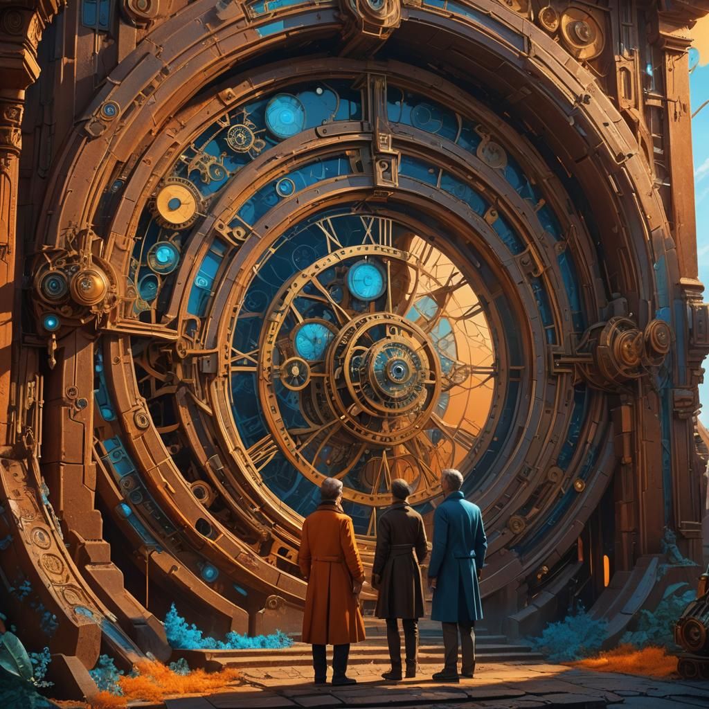 Time Travelers at Clockwork Portal in Fantasy Realism