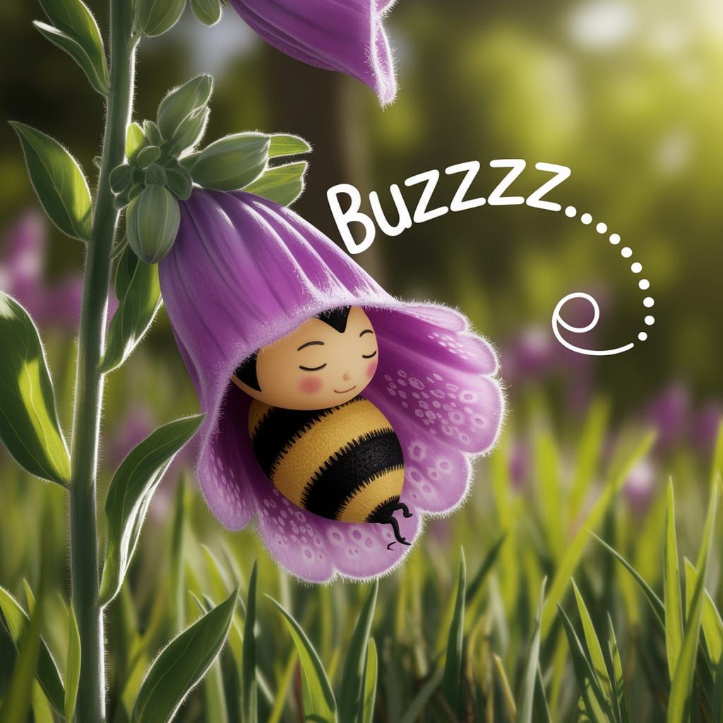 Cartoon Bumblebee Sleeping in Foxglove Flower
