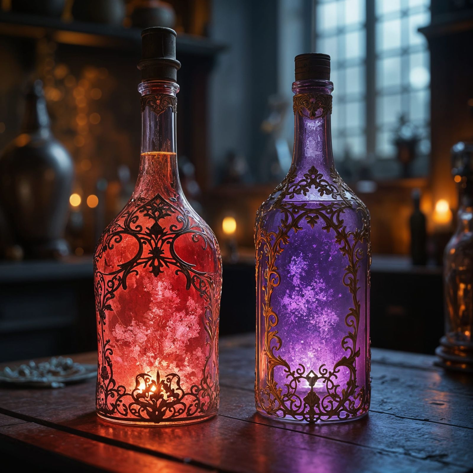 Neon Alchemy: Fantasy Wine Bottles in Medieval Style