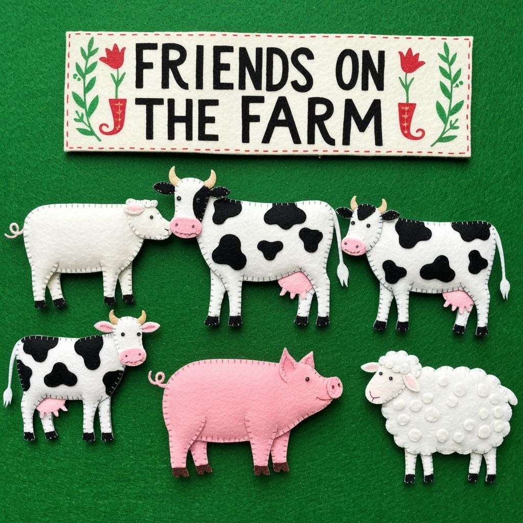 Folk-Art Farm Scene with Felt Animals and Sign