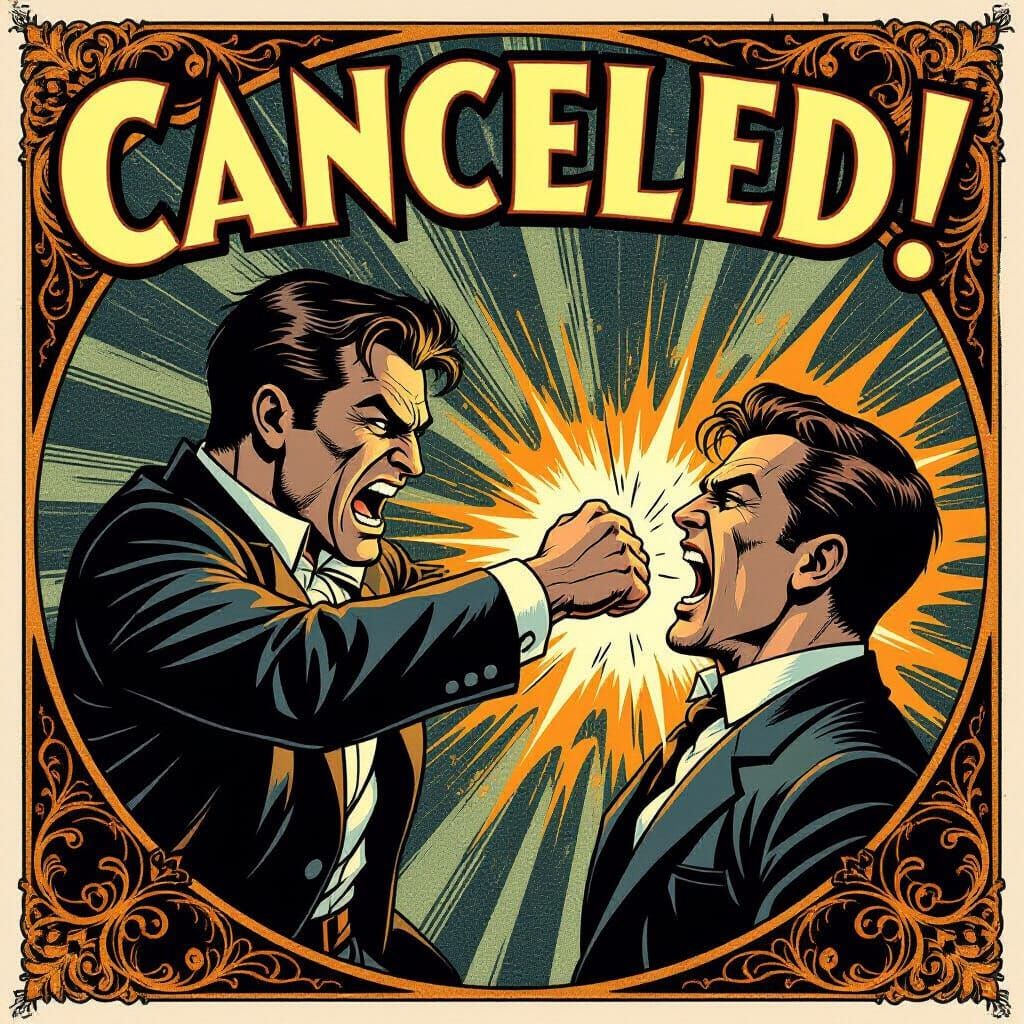 Man Punched in Mouth with 'Canceled!' Text in Art Nouveau St...