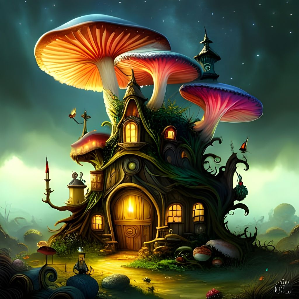 Enchanted Forest with Glowing Mushrooms and Fairy Houses