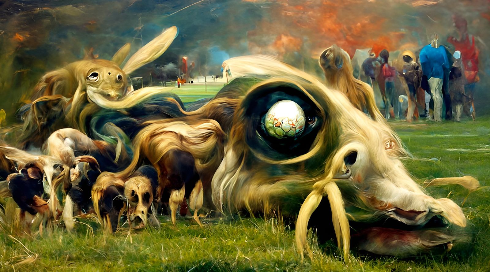 Godly Animal Fusion on Grass Field, Surreal Painting