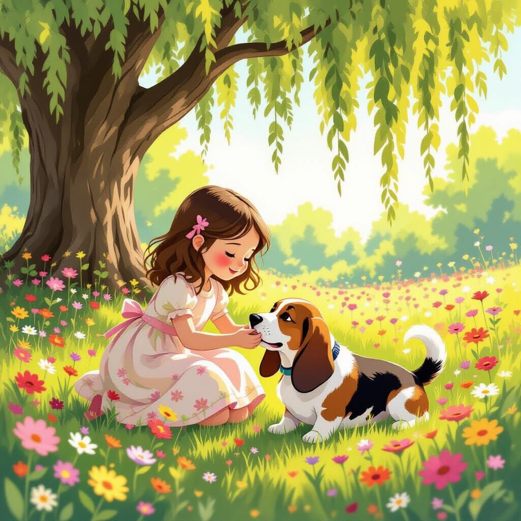 Girl Plays with Basset Hound in Magical Meadow
