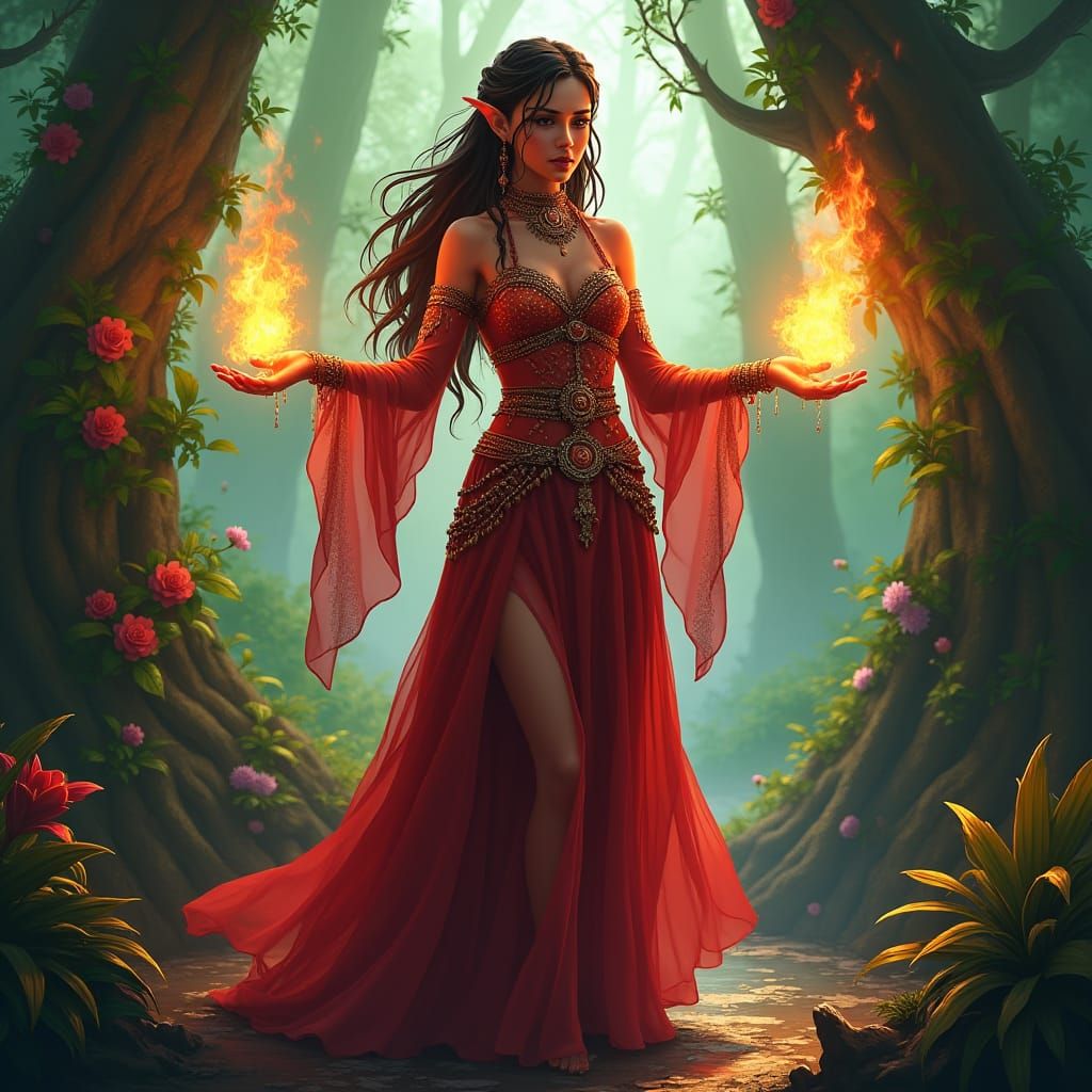 Fire Elf Cleric in Rainforest, Matte Painting