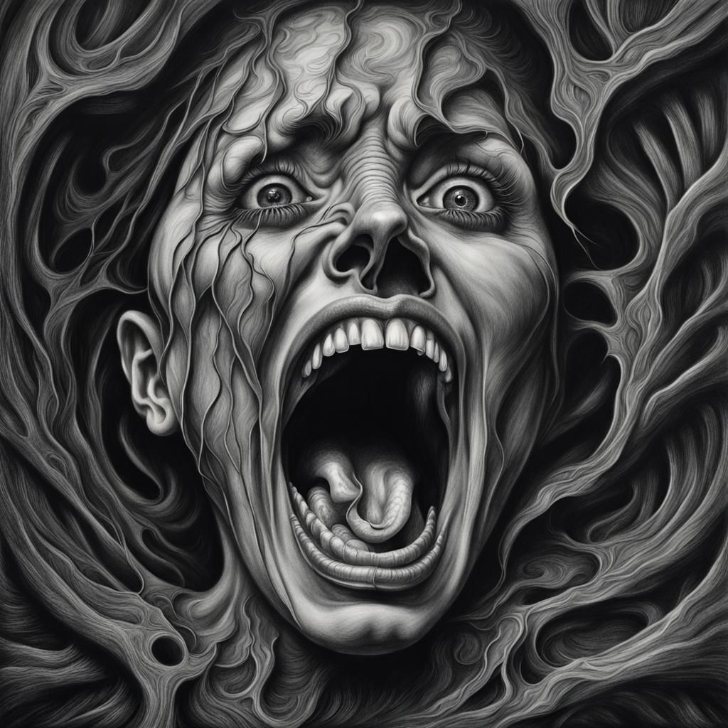 Intense Charcoal Drawing of a Screaming Face