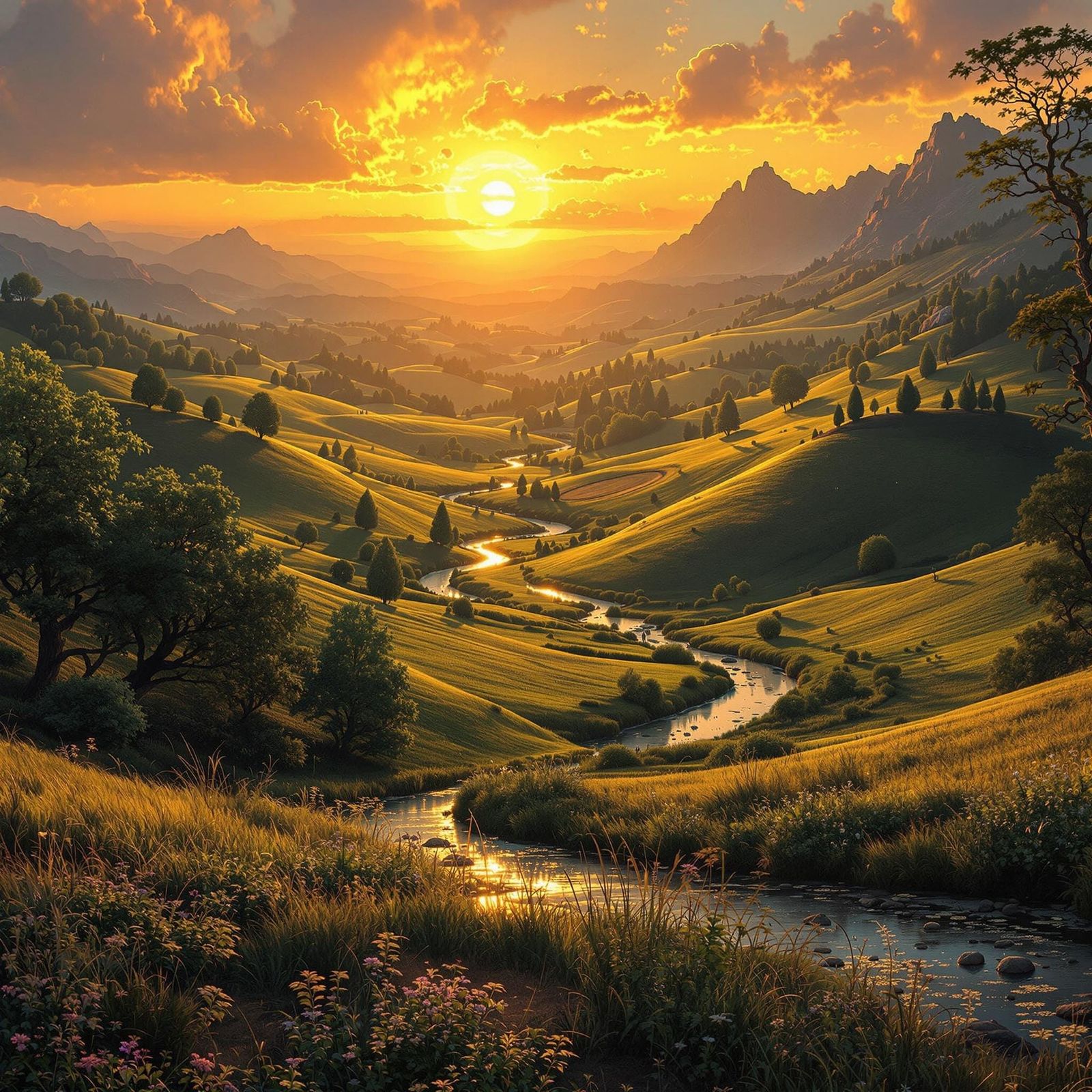 Fantasy Countryside Sunset Landscape in Matte Painting Style
