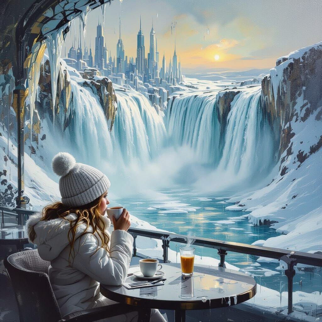 Girl Drinking Coffee in Surreal Futuristic Winter City