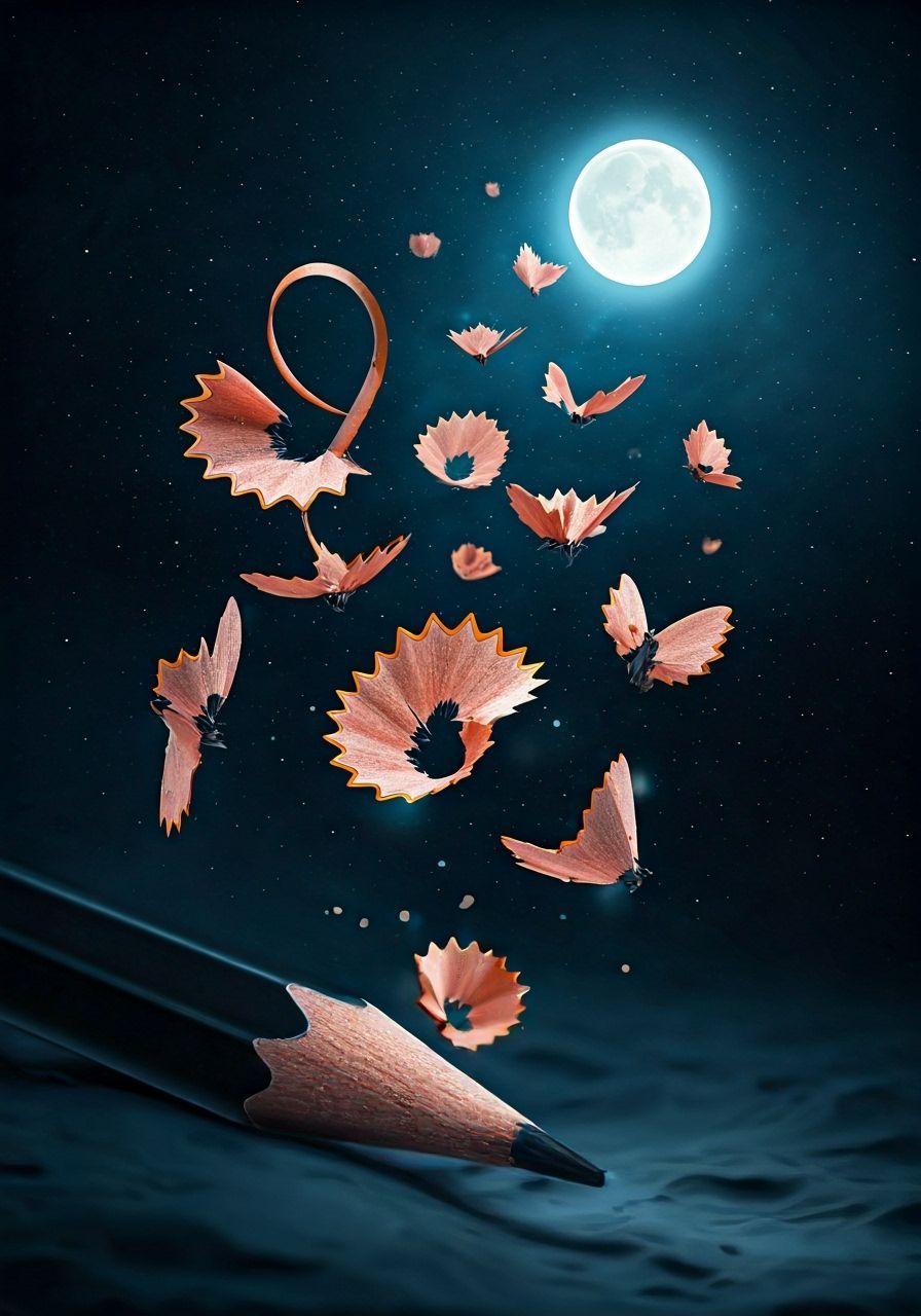 Moth Swarm Ascends to Moon Amidst Pencil Sharpening