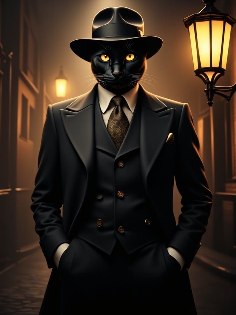 Whiskey-Smooth Noir Cat in Vintage Suit