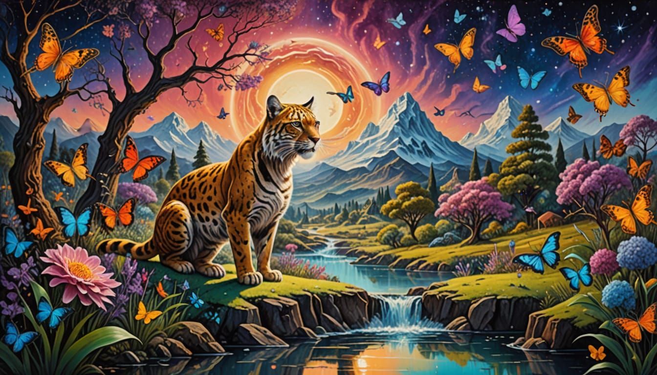 Surrealist Oil Painting of a Saber Tooth Cat in a Vibrant La...