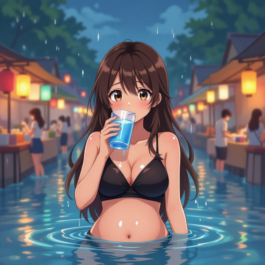 Anime Woman at Water Festival in Manga Style