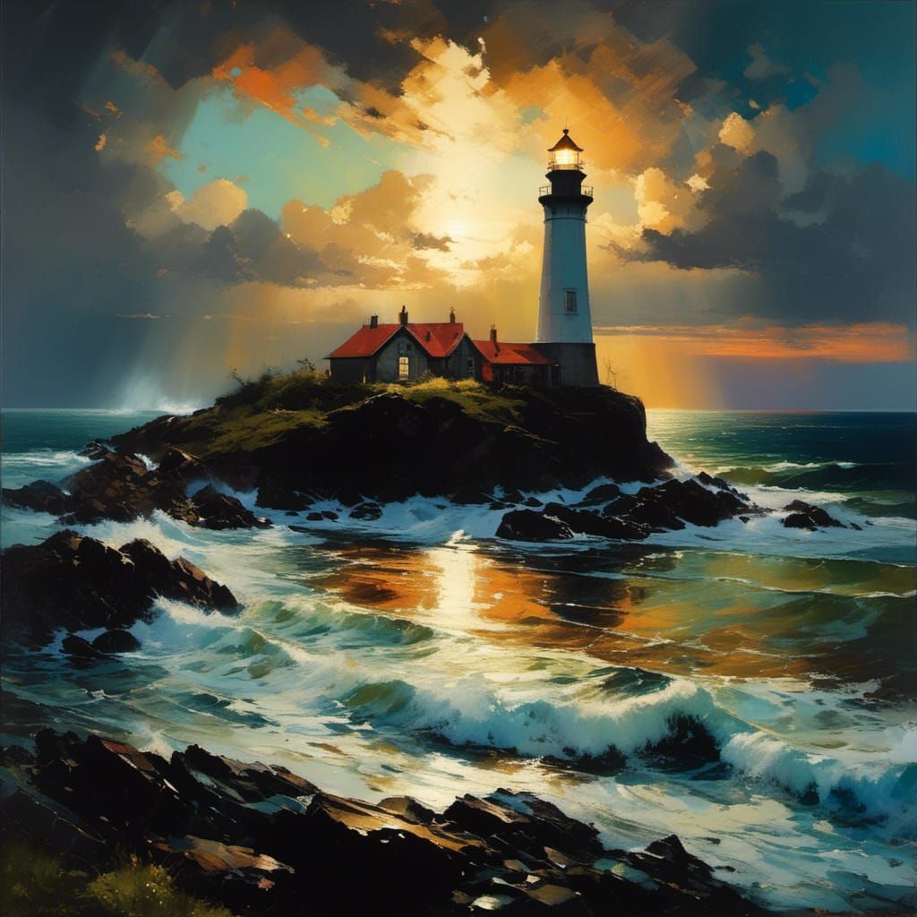 Sunset Over Sparkling Sea, Impasto Oil Painting