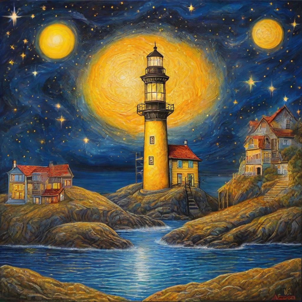 Coastal Town Lighthouse Under Starry Cosmic Sky