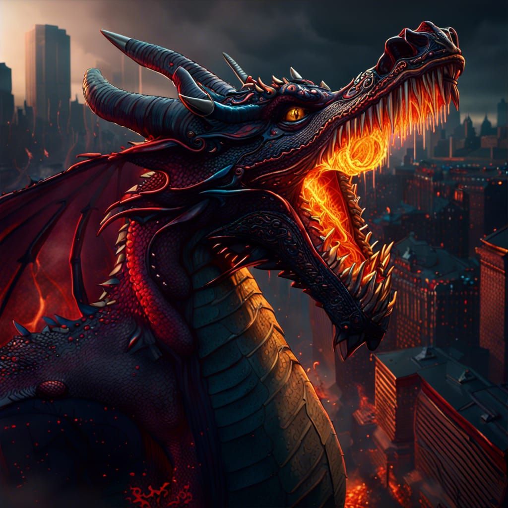 Dragon Breaths Fire on Boston in Fantasy Art