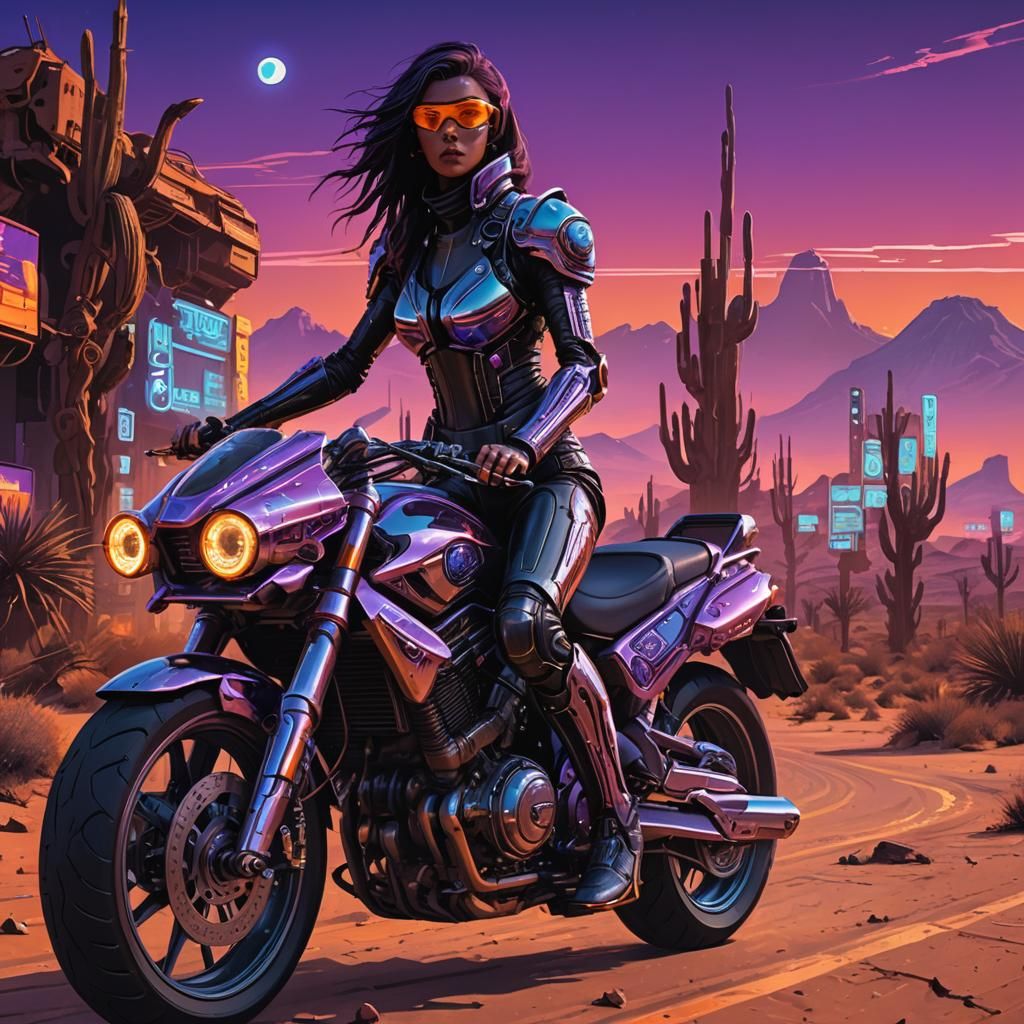 Cyberpunk Warrior on Desert Motorcycle: Street Art