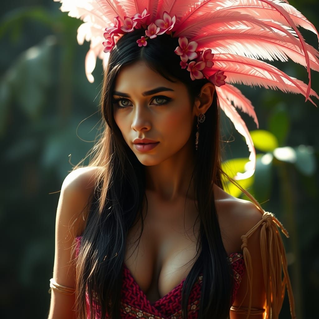 Amazonian Huntress with Pink Feather Headdress