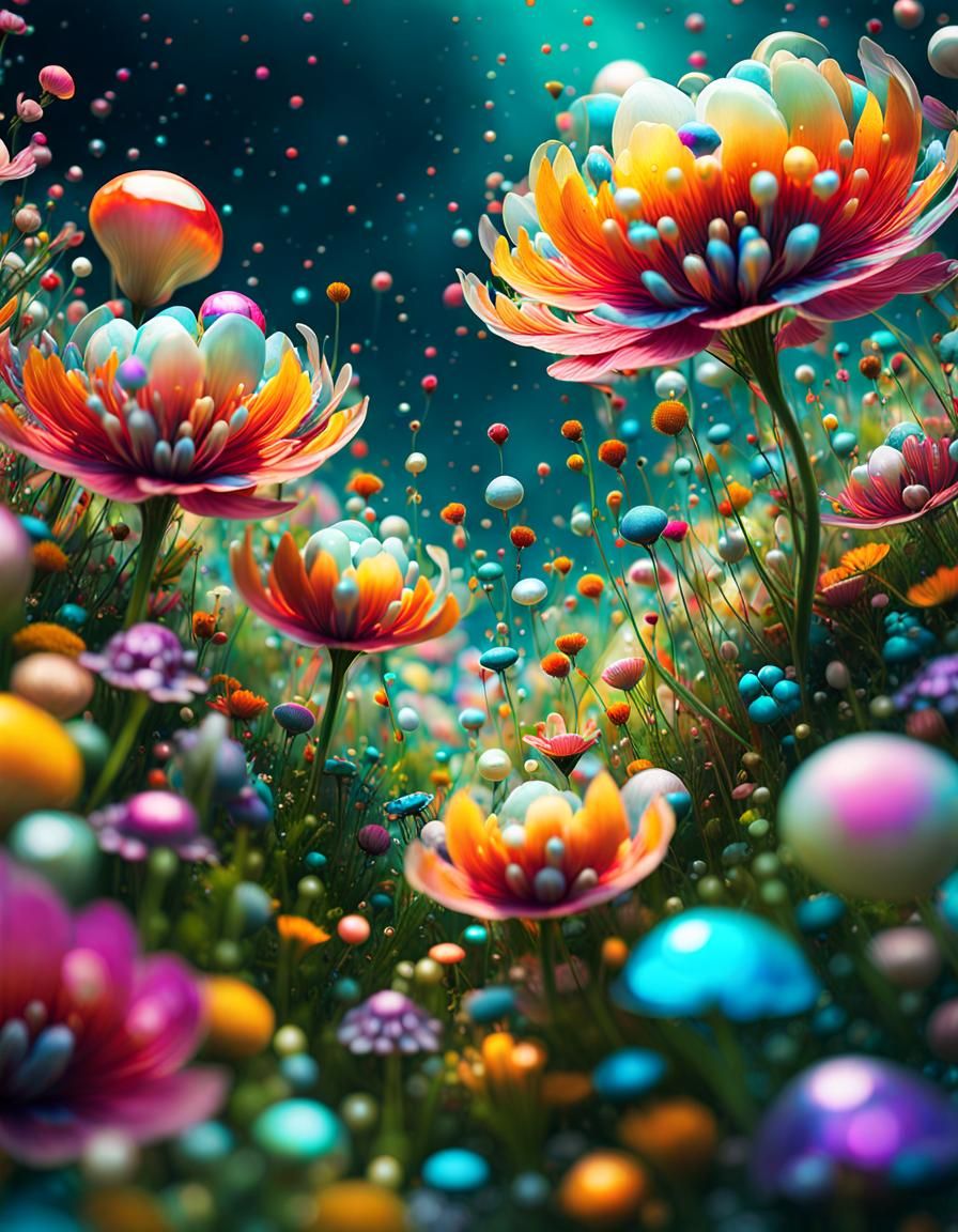 Magical Wildflower Garden with Flowing Liquid, 3D Render
