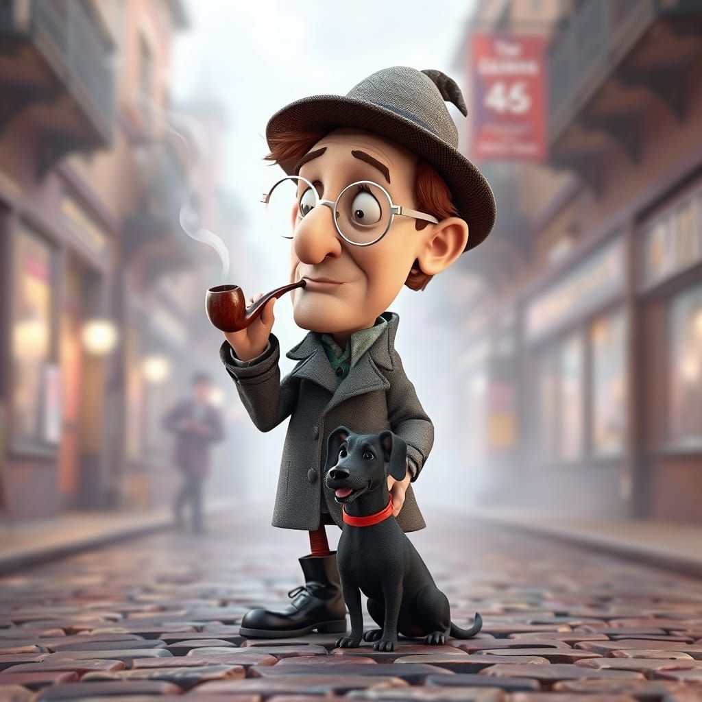 Sherlock Holmes Whimsical 3D Watercolor Cartoon