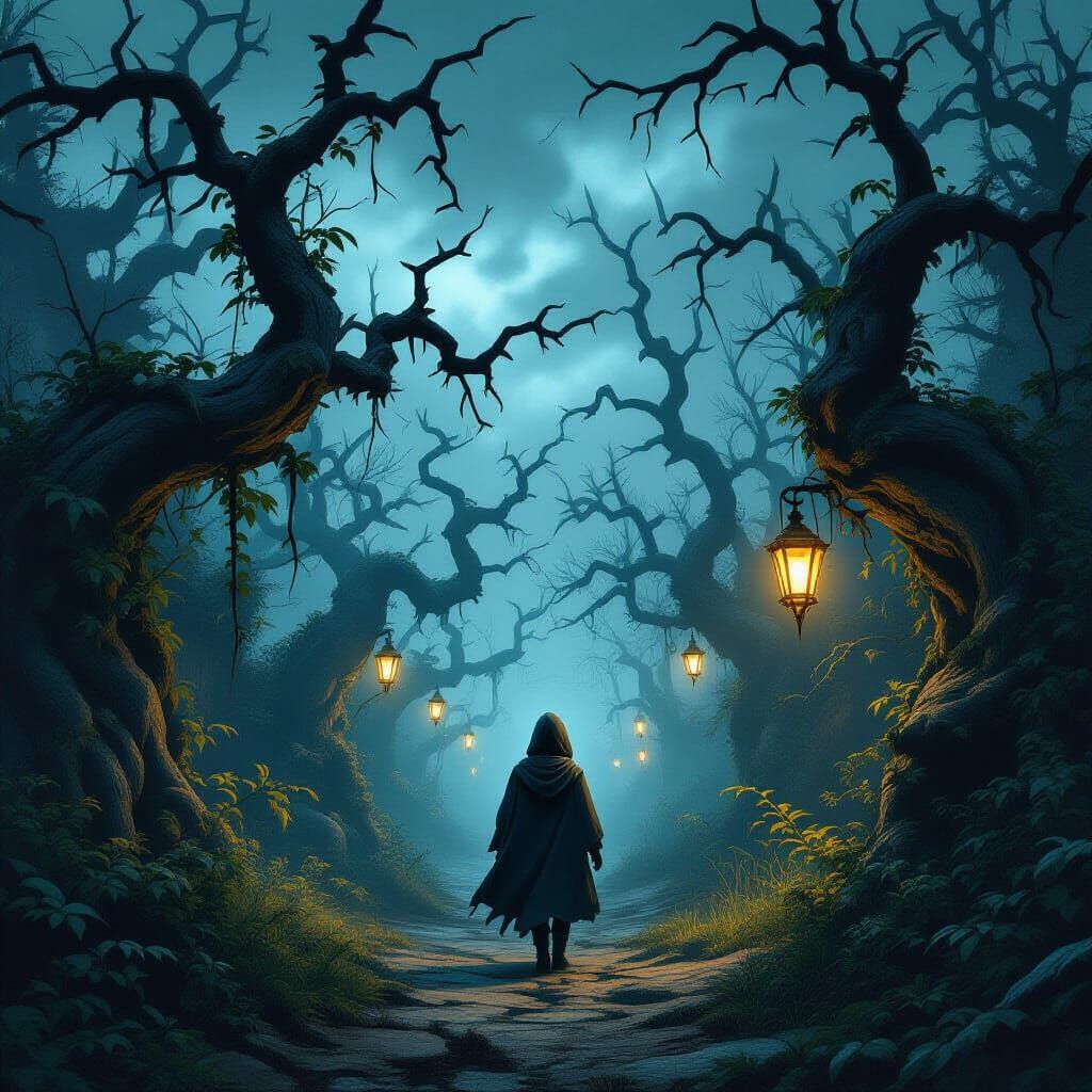 Eerie Garden Scene with Cloaked Adventurer