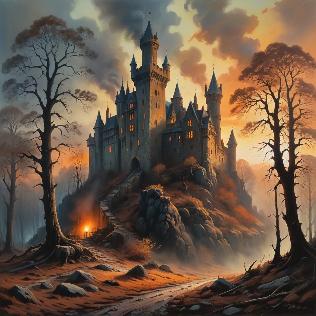 Old Castle in Dried Forest: Atmospheric Oil Painting