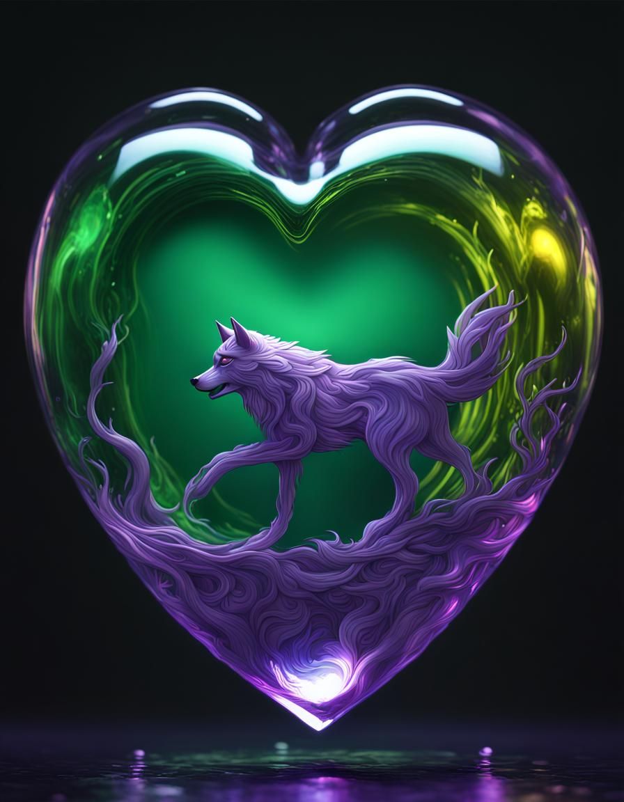 Green Wolf in Heart Glass, Dark Fantasy Art