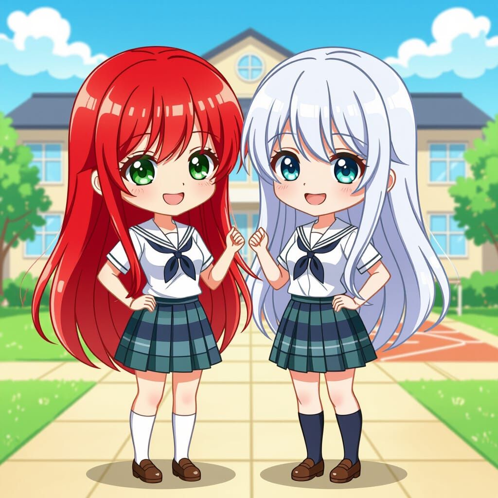 Cute Chibi Anime Girls in Japanese School Uniforms