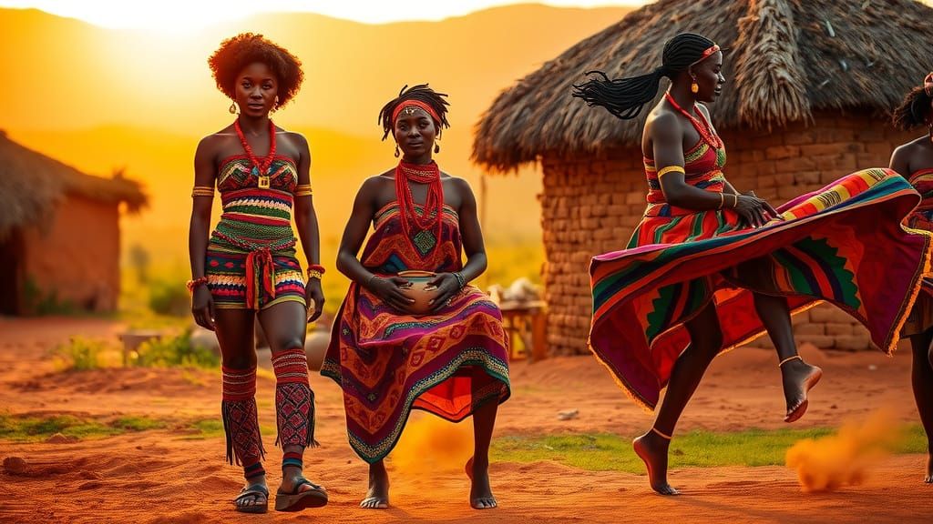 African Tribal Village Scene in Warm Golden Light