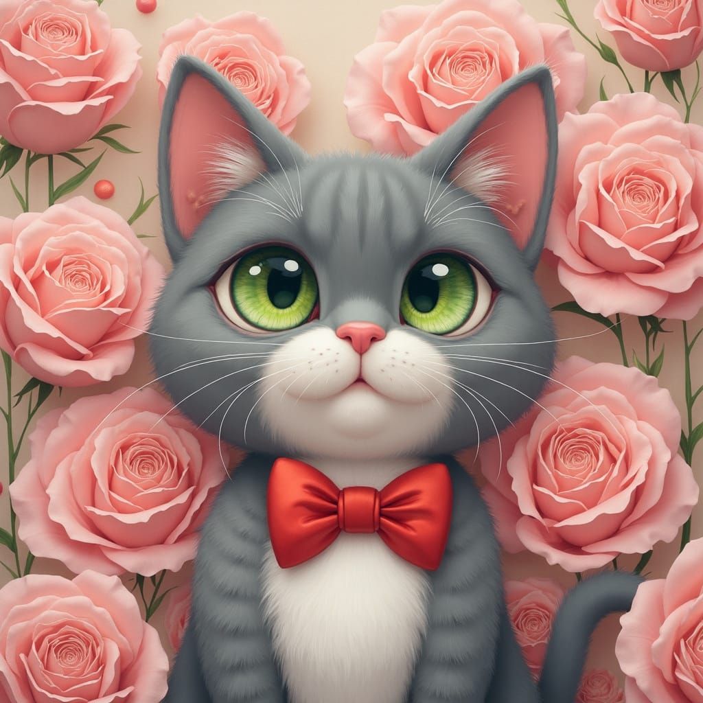 Hyperrealistic Gray Cat with Red Bow and Pink Roses