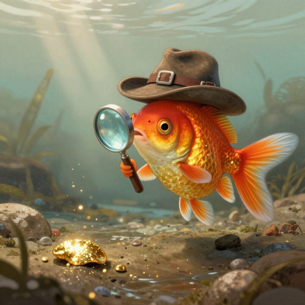 Anthropomorphic Goldfish Prospector Searches for Gold