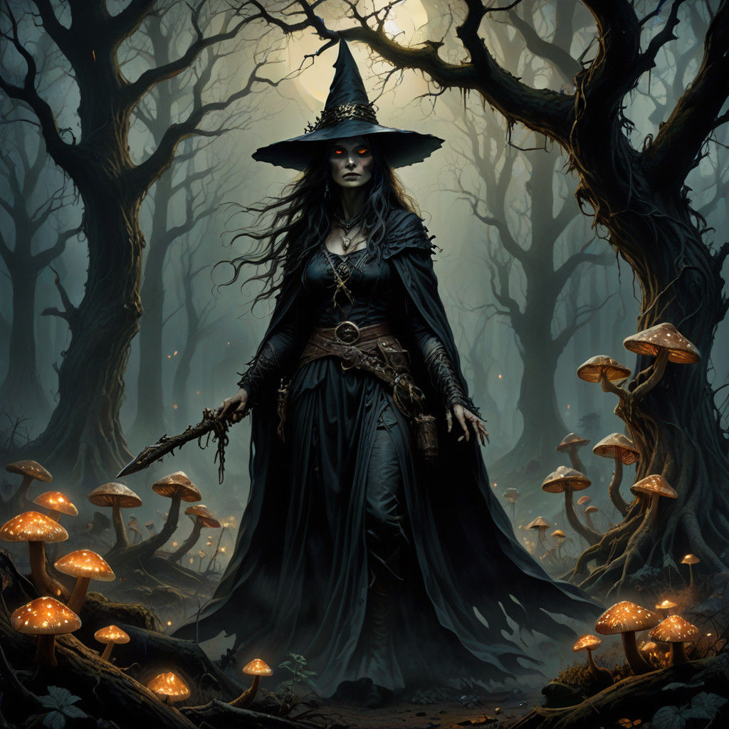 Ethereal Witch Bends Reality in Dark Fantasy Scene