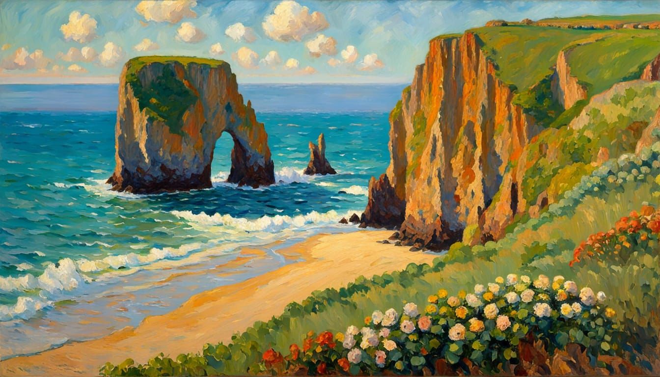 Coastal Cliffs Impasto Oil Painting at Sunset