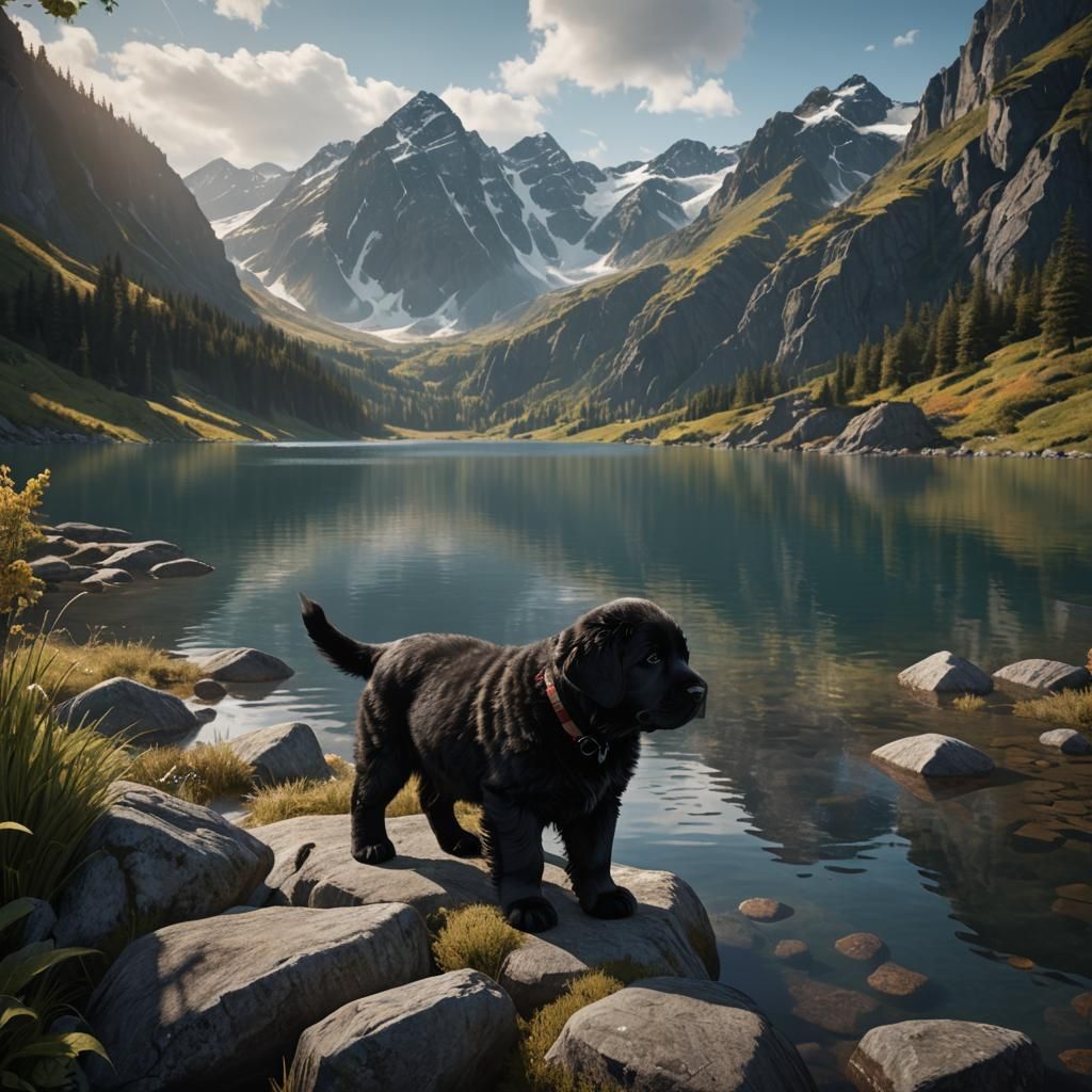 Newfoundland Puppy at Lakeside: Detailed Matte Painting