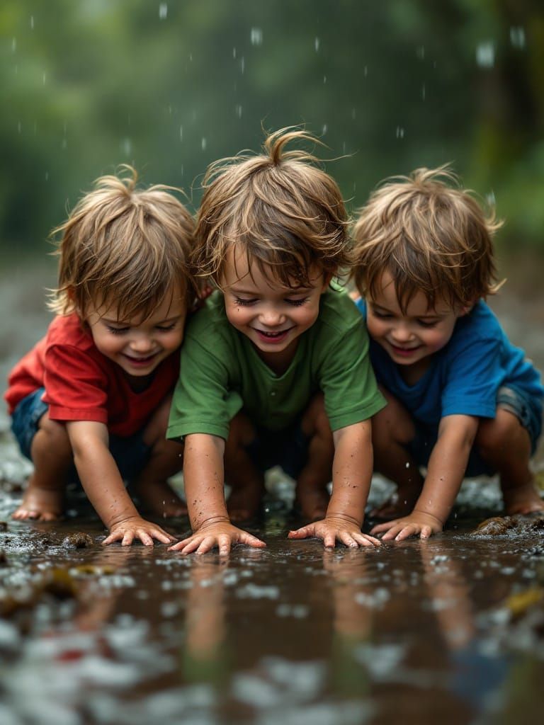 Joyful Triplet Brothers Play in Mud Puddle Under Rainy Light