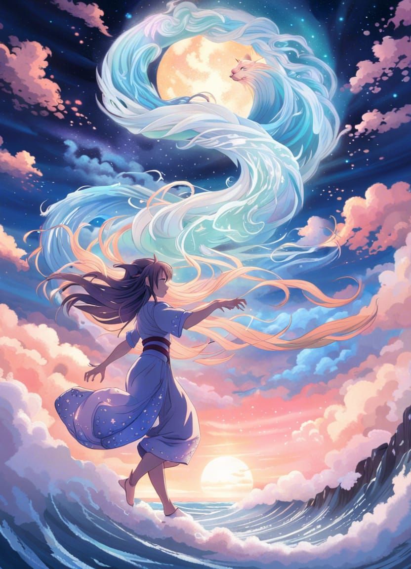 Cat Girls Embrace at Ancient Stargate in Ukiyo-e Style