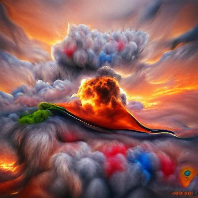 volcano explosion in the clouds at sunset